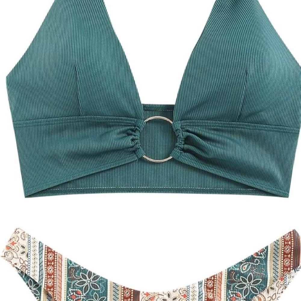 ZAFUL Womens O Ring Halter Swimsuits High Cut Bikini Set Tribal 2 Piece size 4